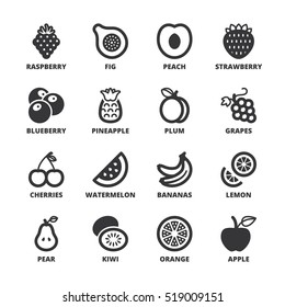 Set of black flat symbols about fruit