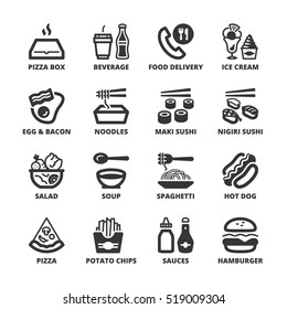 Set of black flat symbols about fast food and junk food