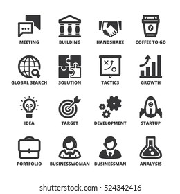 Set of black flat symbols about business. Start up