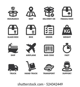 Set of black flat symbols about shipping