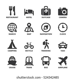 Set of black flat symbols about travel