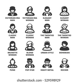 Set of black flat symbols about people. Classic and modern style