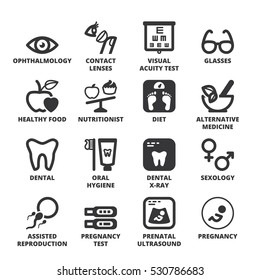 Set of black flat symbols about healthcare. Nutrition. Dental. Ophthalmology. Pregnancy