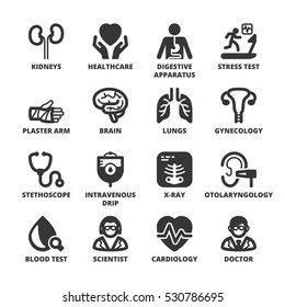 Set of black flat symbols about health. Medical specialties