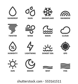 Set of black flat symbols about the weather. Forecast symbols 