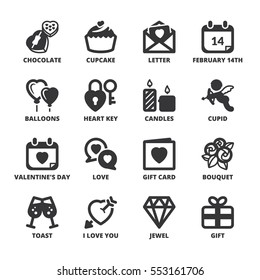 Set of black flat symbols about Valentines Day 