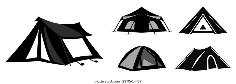 Set von schwarzen flachen Zelten für Camping einzeln. Vektorgrafik