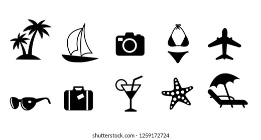 Set of black flat travel and vacation vector icons. Palm tree, sailing ship, camera, bikini swimsuit, plane, sunglasses, suitcase, drink, starfish and sunbed, eps10 file