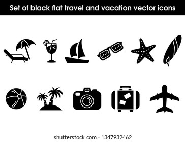 Set of black flat travel and vacation vector icons. Palm tree, sailing ship, beach ball, camera, surfing board, plane, sunglasses, suitcase, drink, starfish and sunbed, eps file