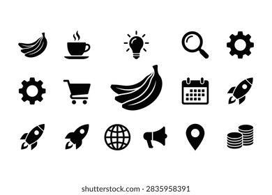 Set of black flat vector icons including bananas, coffee, light bulb, magnifying glass, gears, shopping cart, calendar, rocket, globe, megaphone, map pin, and coins.