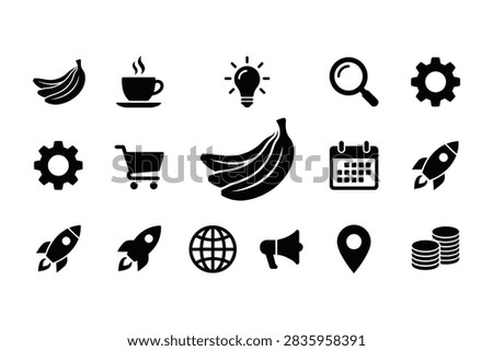 Set of black flat vector icons including bananas, coffee, light bulb, magnifying glass, gears, shopping cart, calendar, rocket, globe, megaphone, map pin, and coins.