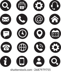O conjunto de ícones e símbolos da Web planos e pretos ilustra um design de interface moderno para negócios e mídia