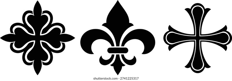 set of black fleur de lis and cross symbols