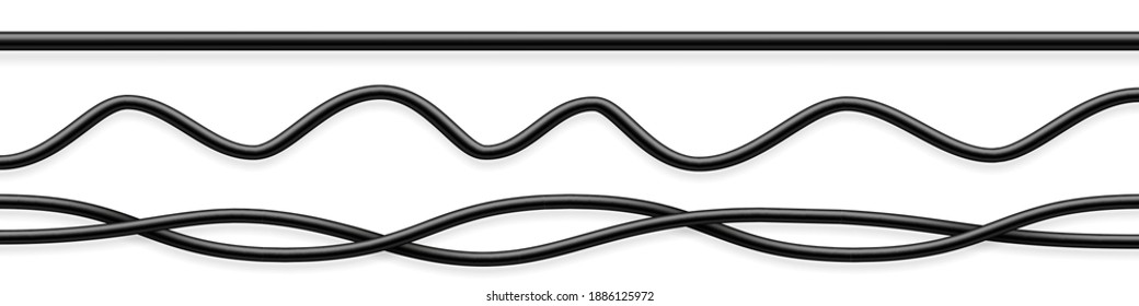 Set of black flexible cables with shadow. Electrical wire. Realistic power or network cable. Vector illustration.