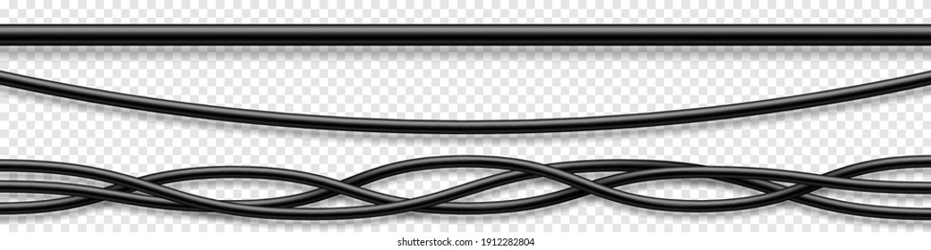 Set of black flexible cables with shadow. Electrical wire. Realistic power or network cable. Vector illustration.