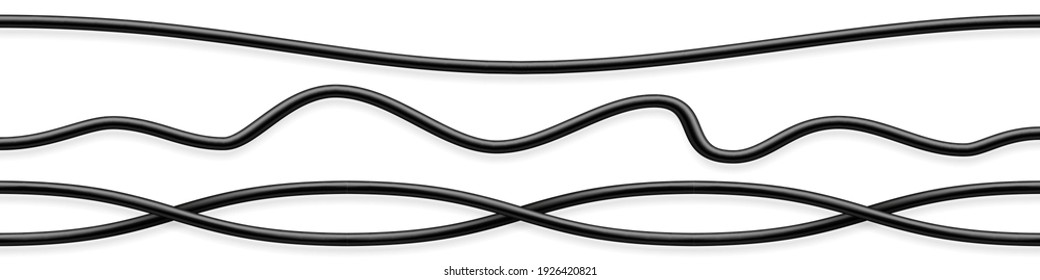 Set of black flexible cables with shadow. Electrical wire. Realistic power or network cable. Vector illustration.