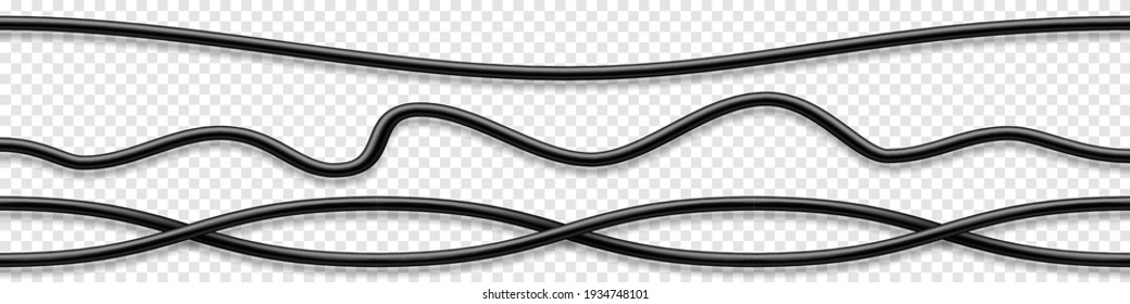 Set of black flexible cables with shadow. Electrical wire. Realistic power or network cable. Vector illustration.