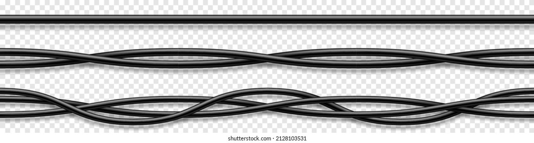 Set of black flexible cables with shadow. Electrical wire. Realistic power or network cable. Vector illustration.