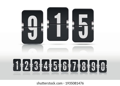 Set of black flip numbers on a mechanical scoreboard with reflection isolated on white and floating on different height. Vector template for your design.
