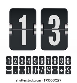 Set of black flip numbers and symbols on a mechanical scoreboard isolated on white. Vector template for your design.