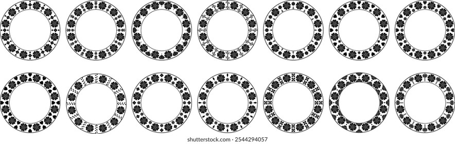 Conjunto de marcos florales negros con espacio de copia. Tema del año nuevo chino. Elementos decorativos florales planos negros de Vector dibujados a mano. 