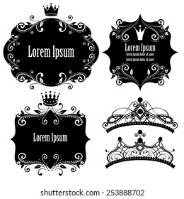 set of black floral frames with crowns isolated on white background. design elements for little princess, glamour girl and woman. can use for birthday card, wedding invitations. vector illustration