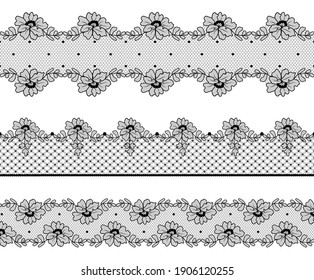 Set of black floral lace borders on a white background