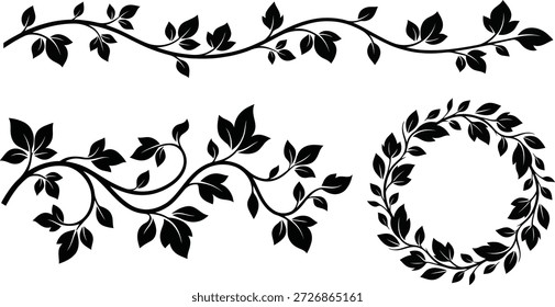 Set of black floral leaf vine borders and circular laurel wreath silhouette for frame decoration vector