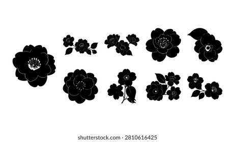 Set of black floral silhouettes featuring various flowers and leaves, ideal for artistic, decorative, or craft projects.