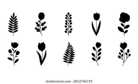 A set of black floral silhouettes featuring various flower and leaf designs, ideal for creative projects and decorative purposes.