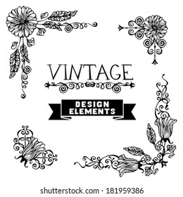 Set of black floral vintage corners isolated on white background. Decorative elements. Vector illustration.