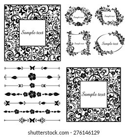 Set of black flower. Collection of design elements isolated on White background. Vector illustration