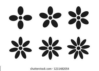 Set Of Black Flower Icons With Different Petal Numbers On A White Background. Vector Illustration. 