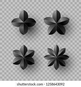 Set of black flower with shadow on transparent background. New year and Christmas design elements, vector illustration.