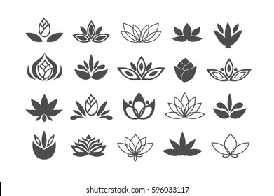Set of black flowers design elements. Plant, blossom and sprout growing icons flat line design vector.