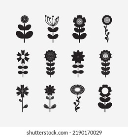 Juego de flores y hojas negras sobre la ilustración de vectores de fondo blanco