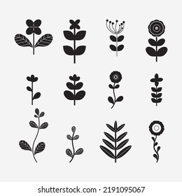 Set of Black Flowers and Leafs on white background Vector Illustration