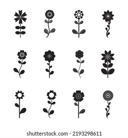 Juego de flores y hojas negras sobre la ilustración de vectores de fondo blanco