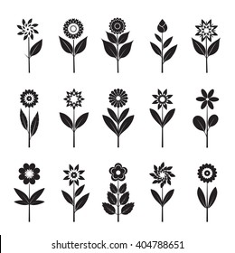 Set of black Flowers and Leafs. Vector Illustration.