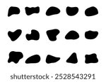A set of black flowing free abstract shapes of spots isolated on a white background, hand-drawn, vector. A decorative element for a design with text, background, decoration.