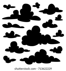 Set of black fluffy clouds silhouettes on white background.  Vector illustration in flat cartoon style. Elements for your design, artwork, scene, website. Different nature cloudscape weather symbols.