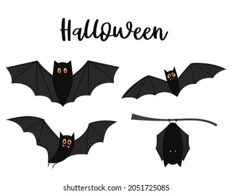 A set of black flying bats with yellow eyes. Halloween decorative elements. Color flat cartoon vector illustration isolated on a white background