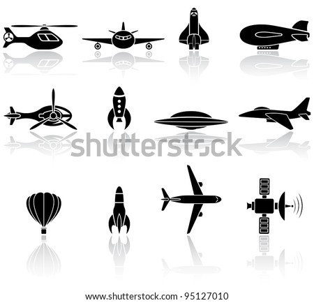 Set of black flying icons on white background, illustration