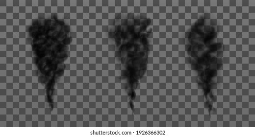 Set of black fog or smoke clouds. Realistic vector illustration isolated on transparent background.