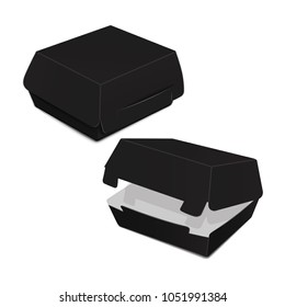 Set of black food box, packaging for burger, lunch, fast food, sandwich. Vector product package on white background for your design