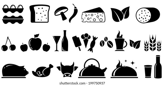 set black food isolated objects on white background