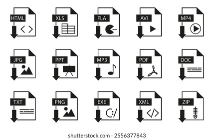 Set of black format document icons on a white background