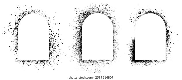 Set of black frames, arch spray stencils isolated on white background. Urban street graffiti style. Airbrush paint splatter borders, grunge street art with splash effect and drops. Vector