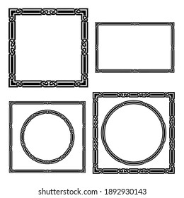 Set of black frames, Celtic, Arabic style. Rectangular, round, square frames. Celtic knots, overlapping lines. Pattern brushes.