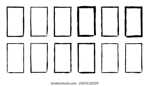 Set of black frames drawn with brush strokes. Ink border isolated on white background. Grunge textured design elements. Vector illustration, eps 10.